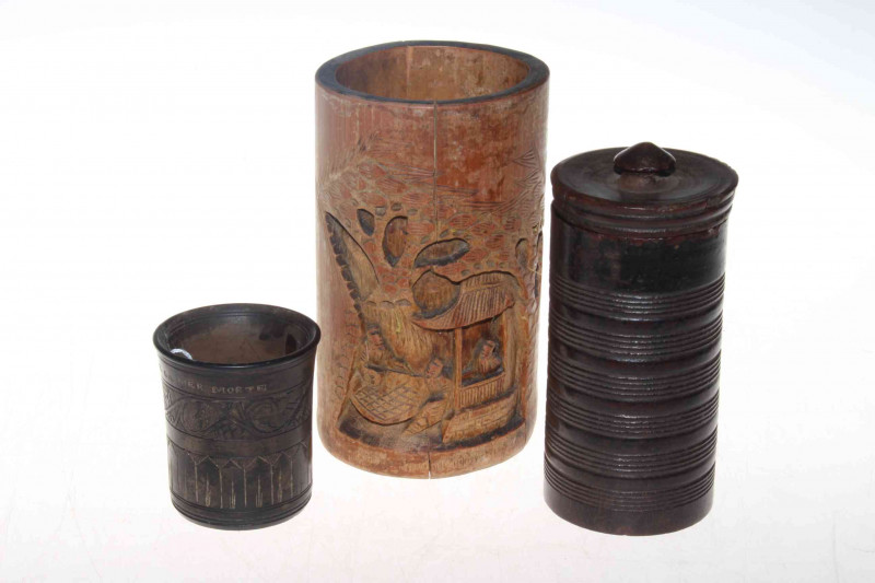 Bamboo brush pot, storage jar and beaker (3).