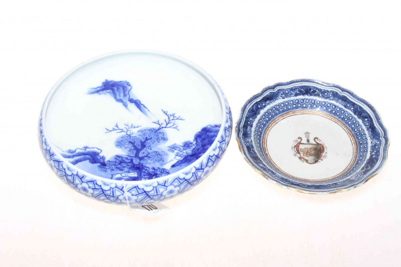 Chinese blue and white bowl and a small Armorial dish (2).
