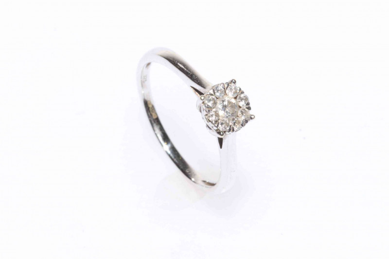9 carat white gold diamond nine stone cluster ring, size N.