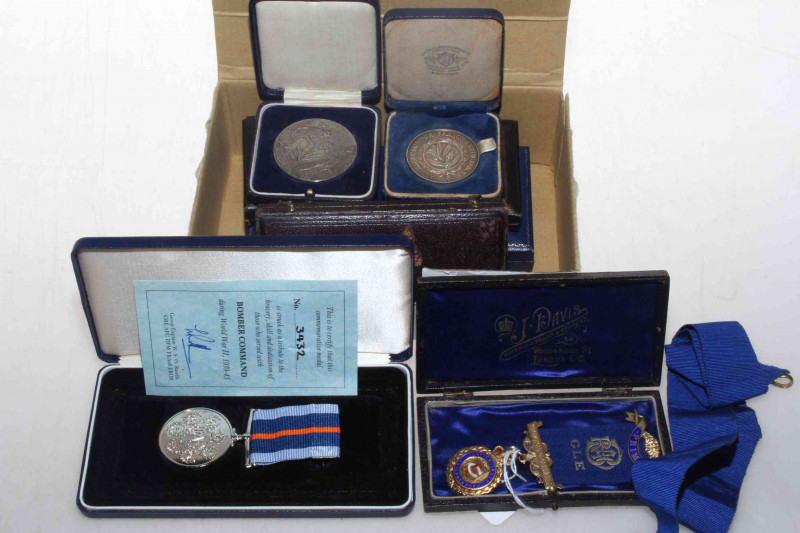Collection of eight Attendance and other medals including silver Masonic medal.