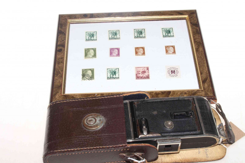 WWII German Red Cross camera and framed German stamps including German Red Cross.