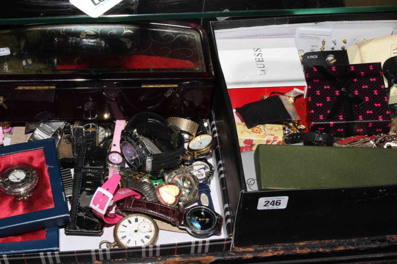 Two boxes and a tray of watches and costume jewellery.