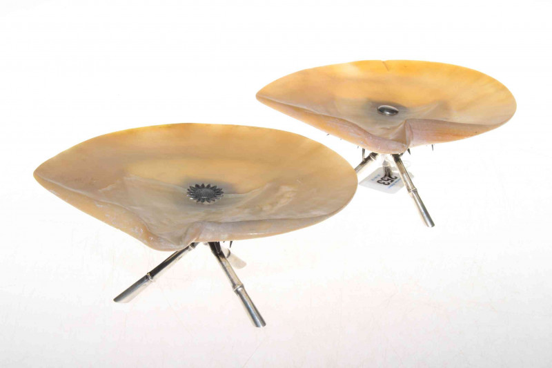 Pair of silver and mother of pearl bon bon stands, having bamboo styled legs.