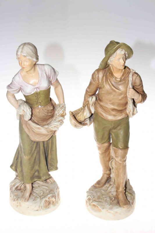 Pair large Royal Dux pastoral figures, 46cm, both repaired.