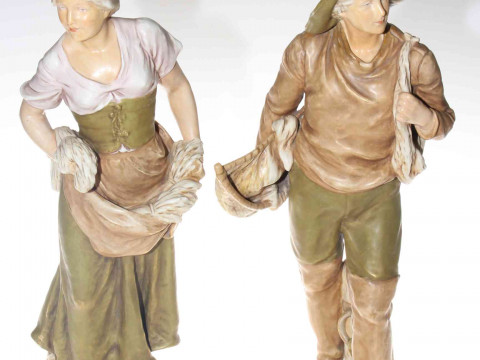 Pair large Royal Dux pastoral figures, 46cm, both repaired.