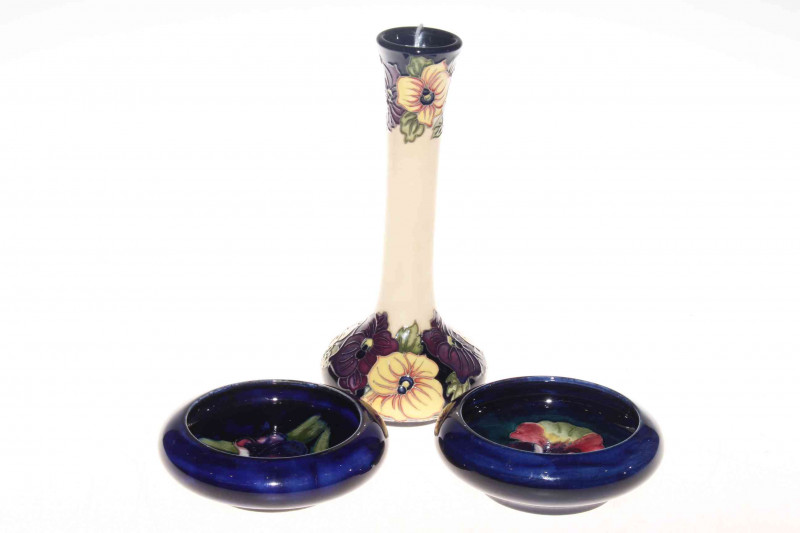 Moorcroft Pottery trial vase dated, 20.5cm and two Moorcroft Pottery small dishes (3).