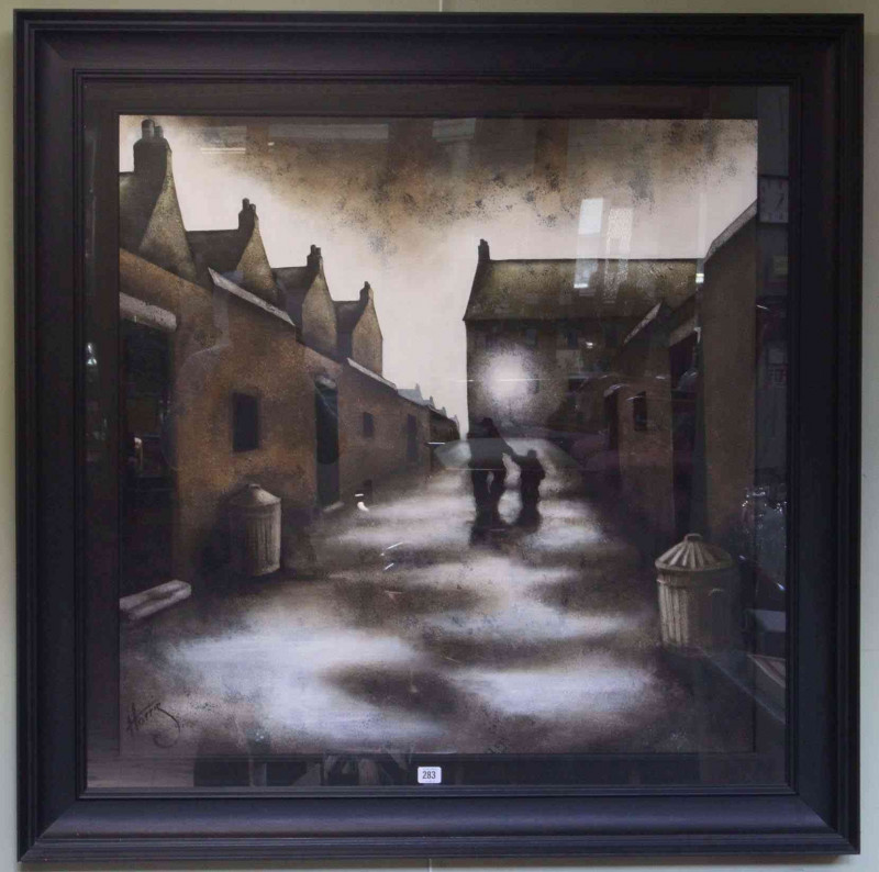 Lou Harris, Off to Meet Grandma, acrylic, signed lower left, 88cm by 87cm, in glazed frame.