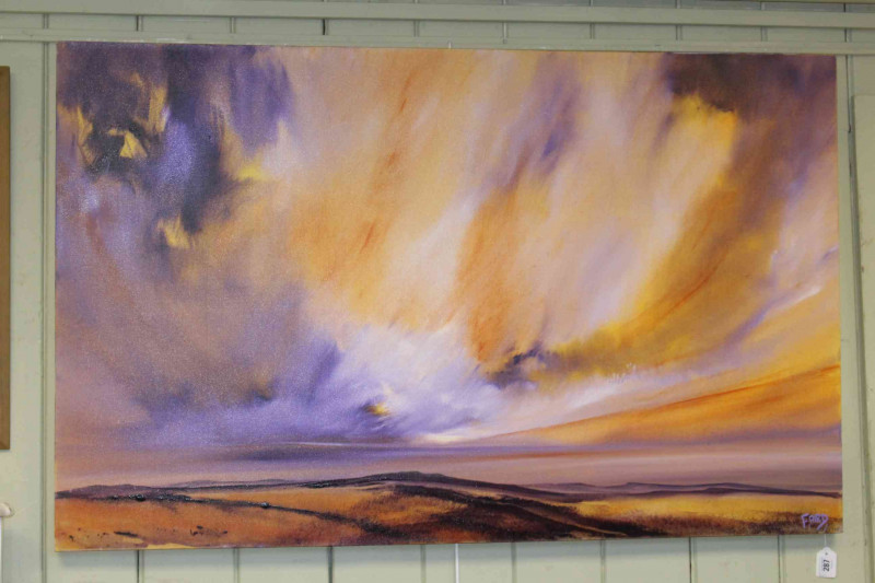 Frank Aird, Born 1950, Moorland Sunset, acrylic on canvas, signed lower right, 76cm by 122cm, unframed.