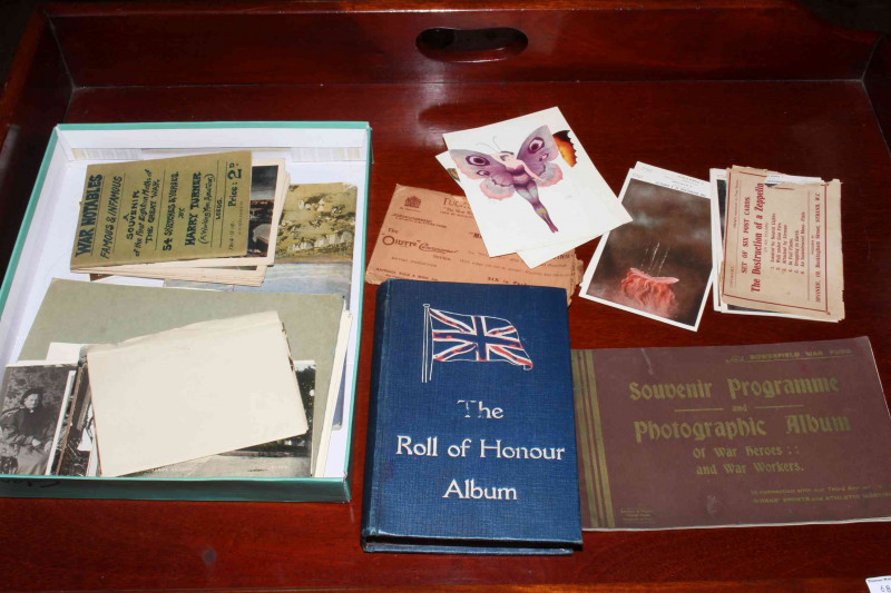 Assorted postcards and ephemera including Bowesfield War Fund, Harry Turner sketches and verses, real photographic cards - Souvenir of the Great War 1914-17 publisher G.F. Skelton 1916, featuring Red Cross nurses, dressed soldiers, set of six 'The Destruc