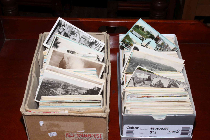 Two shoe boxes of North Yorkshire postcards including A.R. Quinton, sepia, photographic, multiviews, street scenes, church interiors.