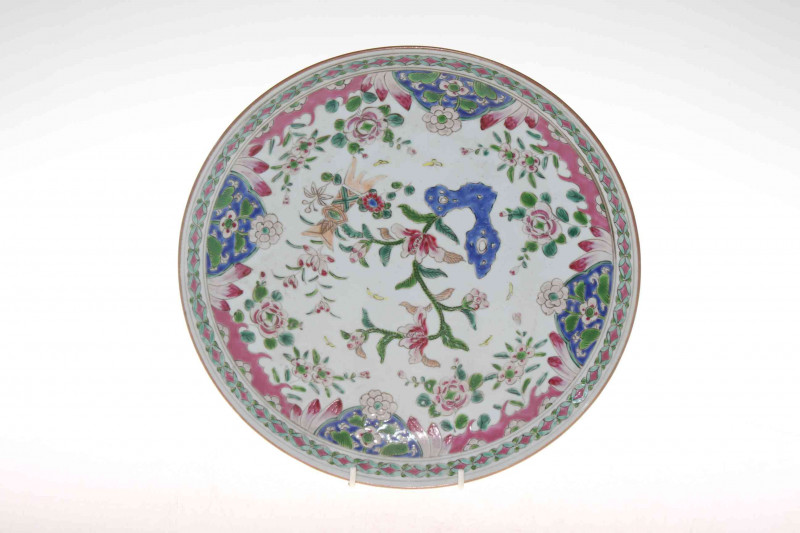Large Oriental famille rose saucer dish, with flower decoration, 32cm diameter.