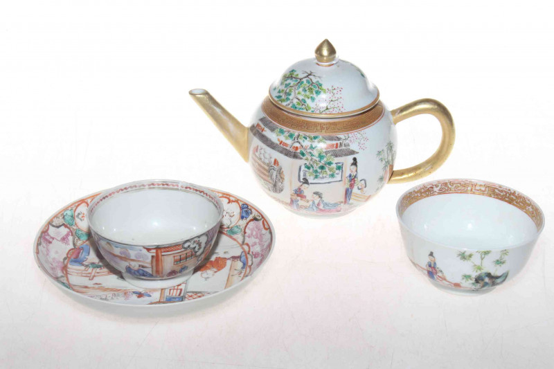 Antique Chinese porcelain teapot painted with figures, gilt spout and handle, together with a saucer and two tea bowls (4).