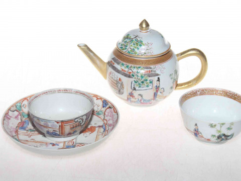Antique Chinese porcelain teapot painted with figures, gilt spout and...