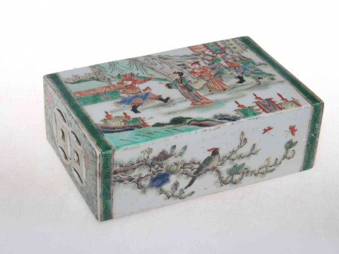 Chinese porcelain pillow, of rectangular form profusely painted with figures...