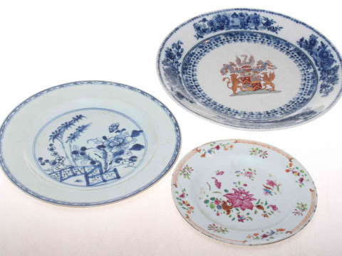 Antique Chinese blue and white and polychrome plate, and an armorial plate...