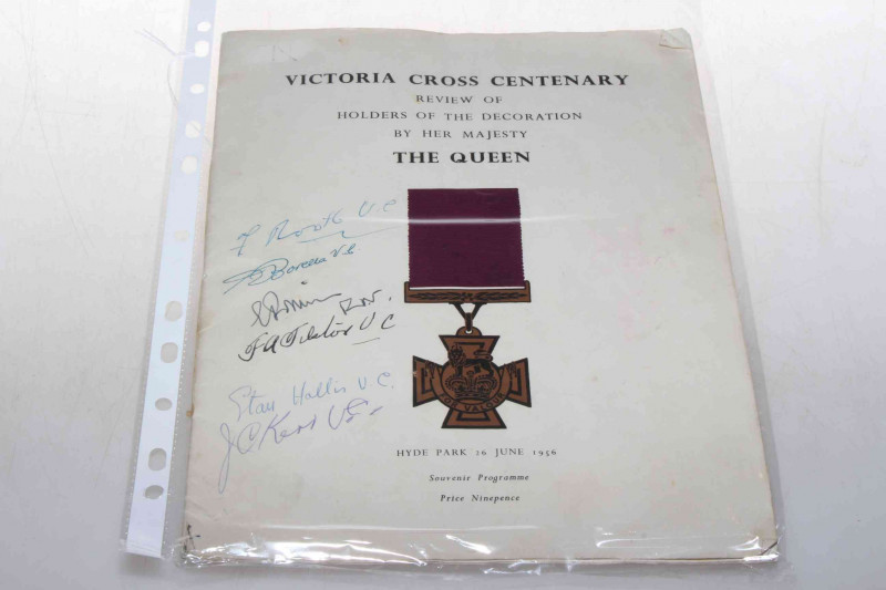 Victoria Cross Centenary Souvenir Programme, Review of Holders of the Decoration by Her Majesty the Queen, Hyde Park, 26 June 1956, covers signed by approximately 11 VC recipients.