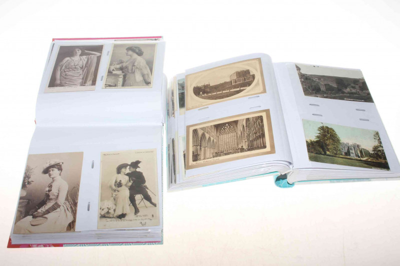 Two albums of postcards including Sanger's Circus, Crown Hotel Middlesmoor, Gouthwaite Reservoir, Hornby Rd Blackpool, Ramsgill, Greenhowhill, Crosby Garrett, Ravenstonedale, Wetheral Railway Station.