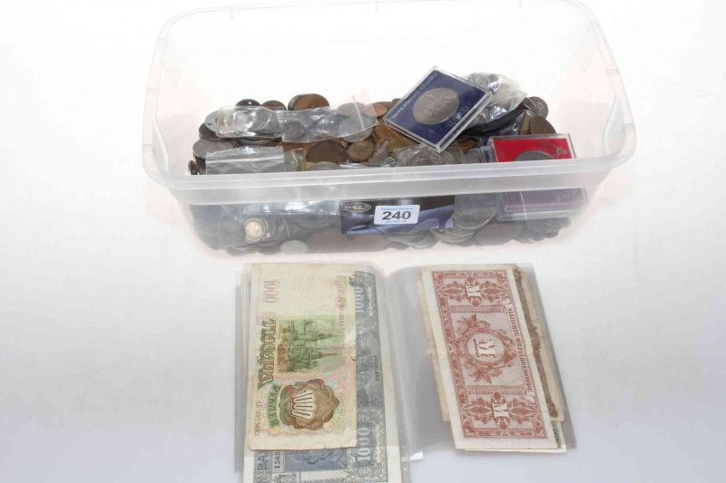 Assortment of worldwide coinage including 1713 Anne half-crown roses and plumes, 1891/1889 silver crown and half-crown, 1883 Morgan dollar, Canadian dollars, £5 coins, pre 1947 GB, banknotes.