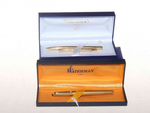Three Waterman pens, one fountain and two ballpoint, with four boxes.