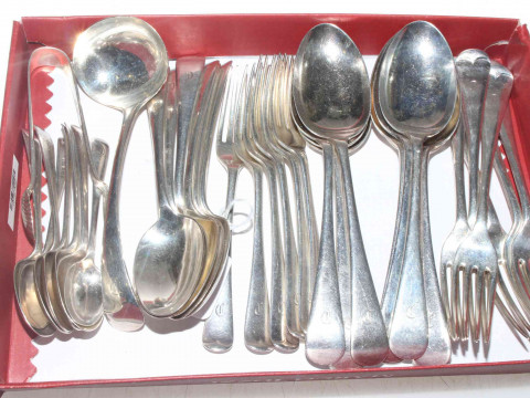 Silver Old English pattern flatware, comprising tablespoons, table forks,...