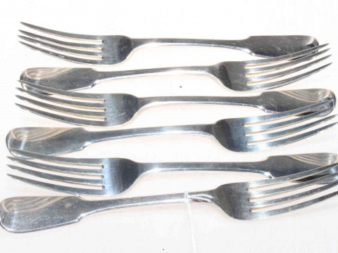 Set of six George III/IV silver fiddle pattern table forks by Eley and...