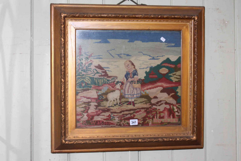 19th Century gilt framed needlework, R. Watson, 1891.