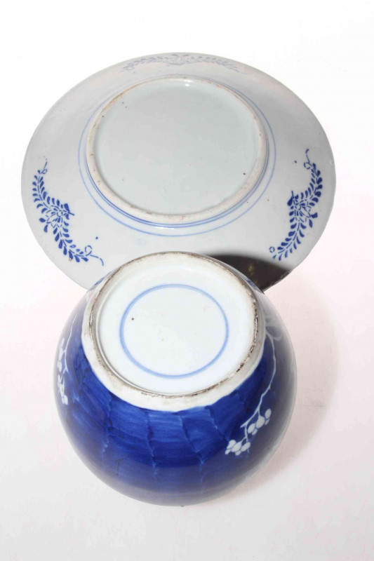 Chinese cobalt blue and white prunus ginger jar and Chinese plate (2).