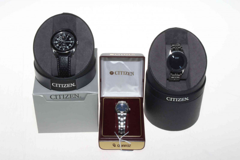 Two Gents and one ladies Citizen Eco-Drive watches.