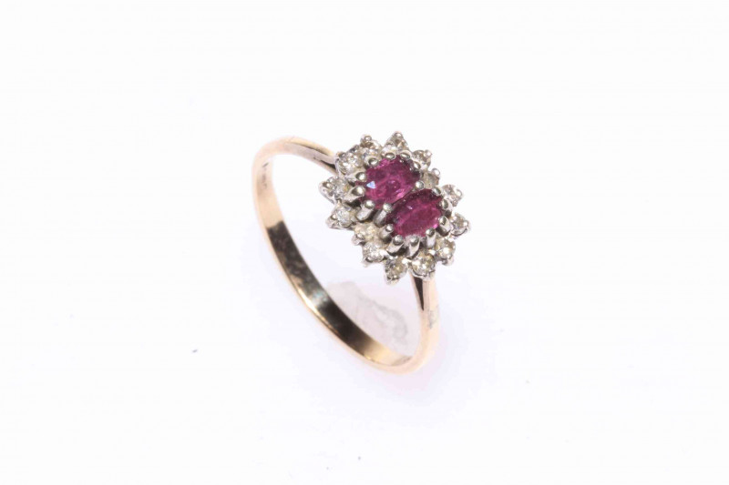 9 carat gold double ruby and diamond cluster ring.