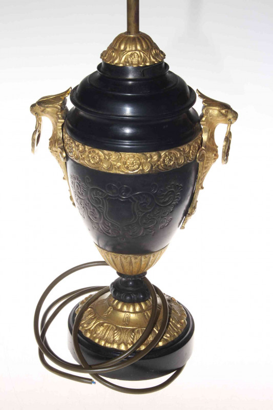 Victorian parcel gilt urn shaped oil lamp base converted to table lamp, having ring handles.
