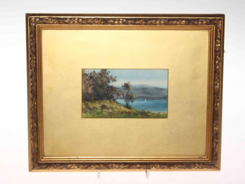 Framed miniature watercolour 'By the Riverside' by Jane Sumereet, 12cm...