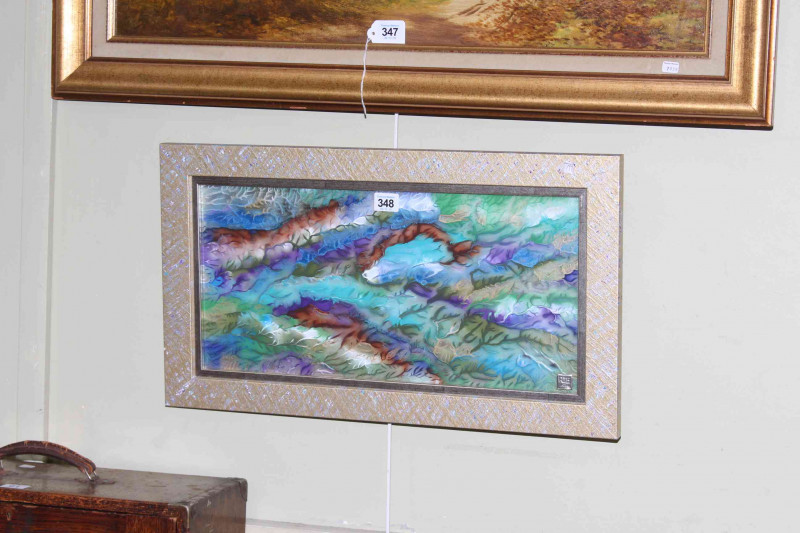 Richard Ellwell, Contemporary painting on glass, stamped with monogram and date 2014, 23cm by 48cm, in contemporary frame.