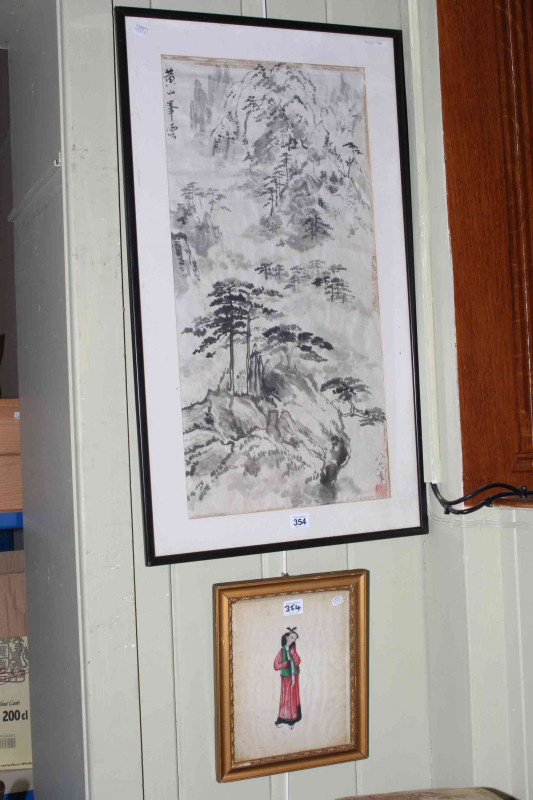 Chinese ink and watercolour of a mountainous landscape, stamped lower right, 67cm by 33cm, in glazed frame and Chinese painting of a lady in red dress, 24cm by 18.5cm, in gilt glazed frame (2).
