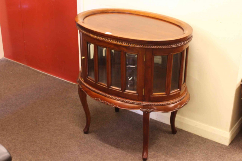 Pair glazed oval mahogany tray top cocktail cabinets.