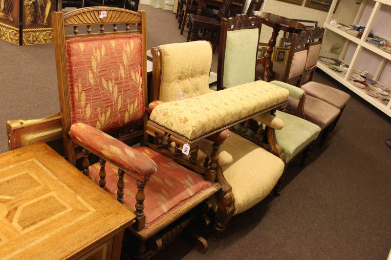 Two Victorian armchairs, rocking chair and double footstool.