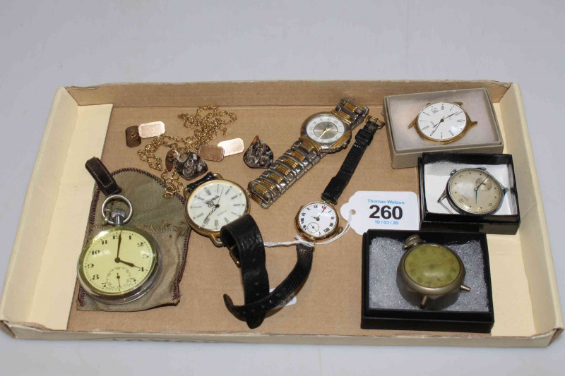 Collection of six wristwatches including one 9 carat gold, pocket watch, cufflinks and chain.