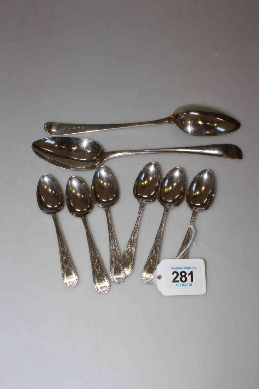 Pair George III silver Old English pattern tablespoons by Peter, Anne and William Bateman, together with six Peter, Anne and William Bateman bright cut teaspoons.
