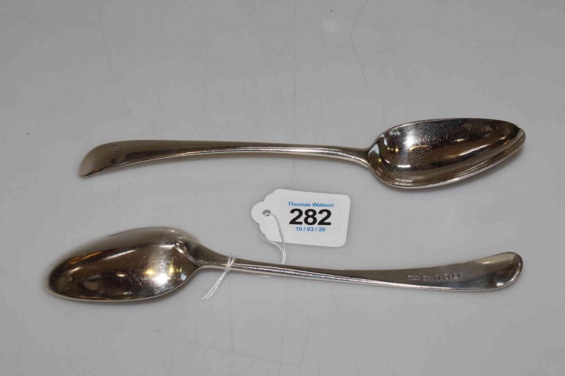 Pair George III Hester Bateman silver Old English pattern tablespoon, London 1786.