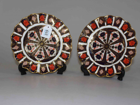 Pair Royal Crown Derby fluted Imari pattern plates, 22cm diameter.