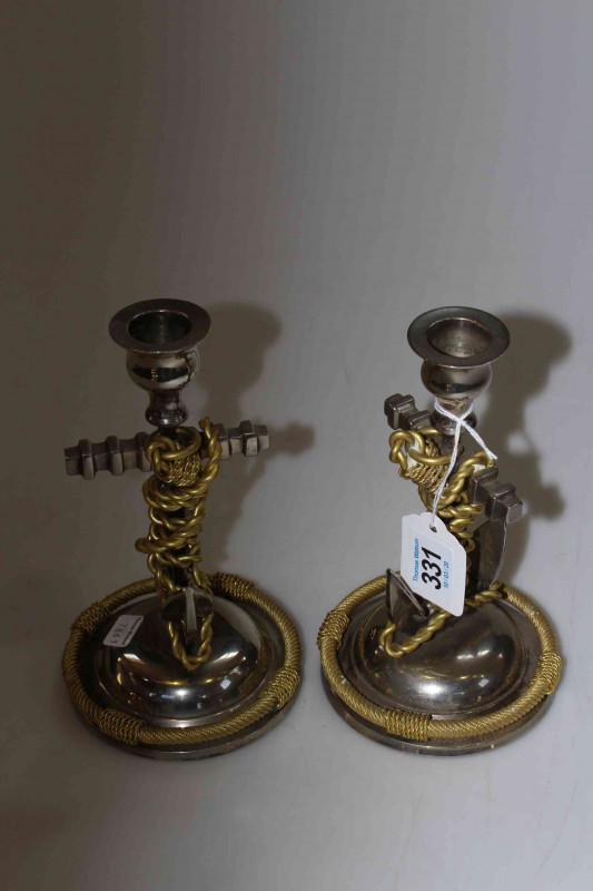Pair nautical themed silver plated candlesticks, 18cm.