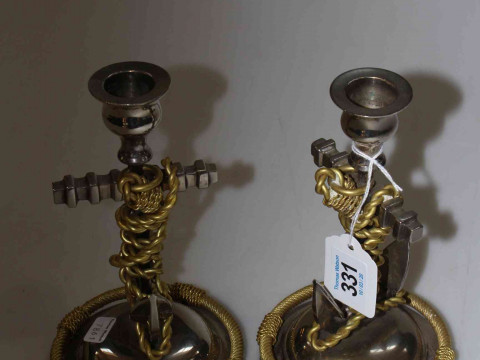 Pair nautical themed silver plated candlesticks, 18cm.
