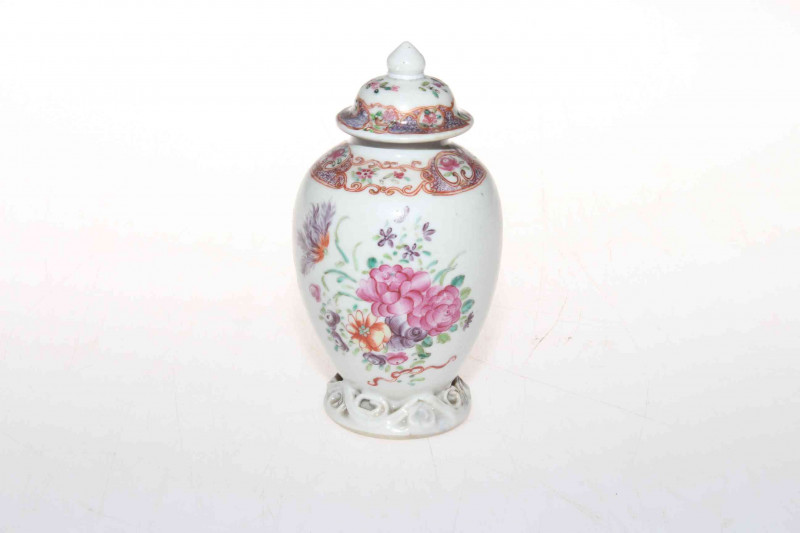 Chinese Chini Lung vase/tea canister, the body and cover painted with flowers and having scroll foot rim, 13.5cm.