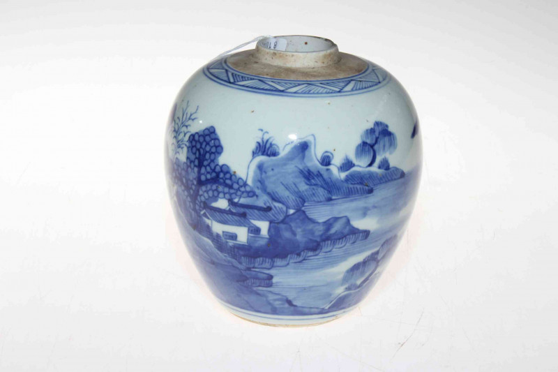 Chinese blue and white ginger jar decorated with boats and houses in coastal scene, 14cm.