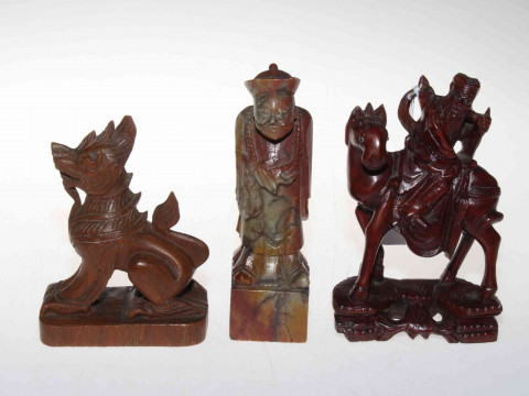 Two Chinese wood carvings and soapstone figure (3).