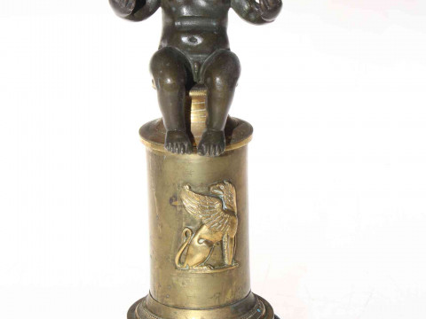 Victorian bronze cherub on gilt pedestal, 23cm.