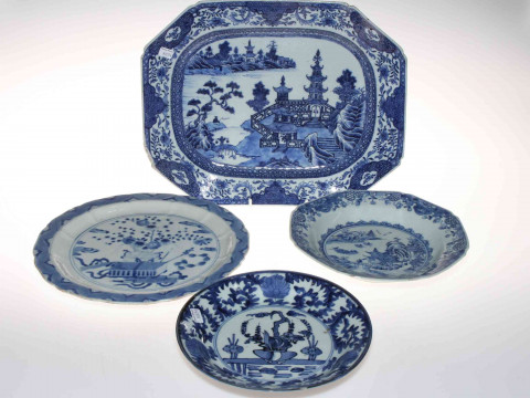 Collection of four antique Chinese blue and white plates and dishes, serving...