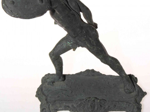 Antique sculpture of naked fighter with shield and staff, 25cm.