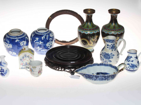 Collection of Chinese pieces comprising two prunus ginger jars, blue and...