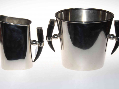 Two silver plated ice buckets with horn style handles, 22cm and 23cm.