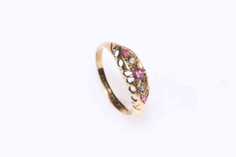 18 carat gold, ruby and diamond ring, size P.